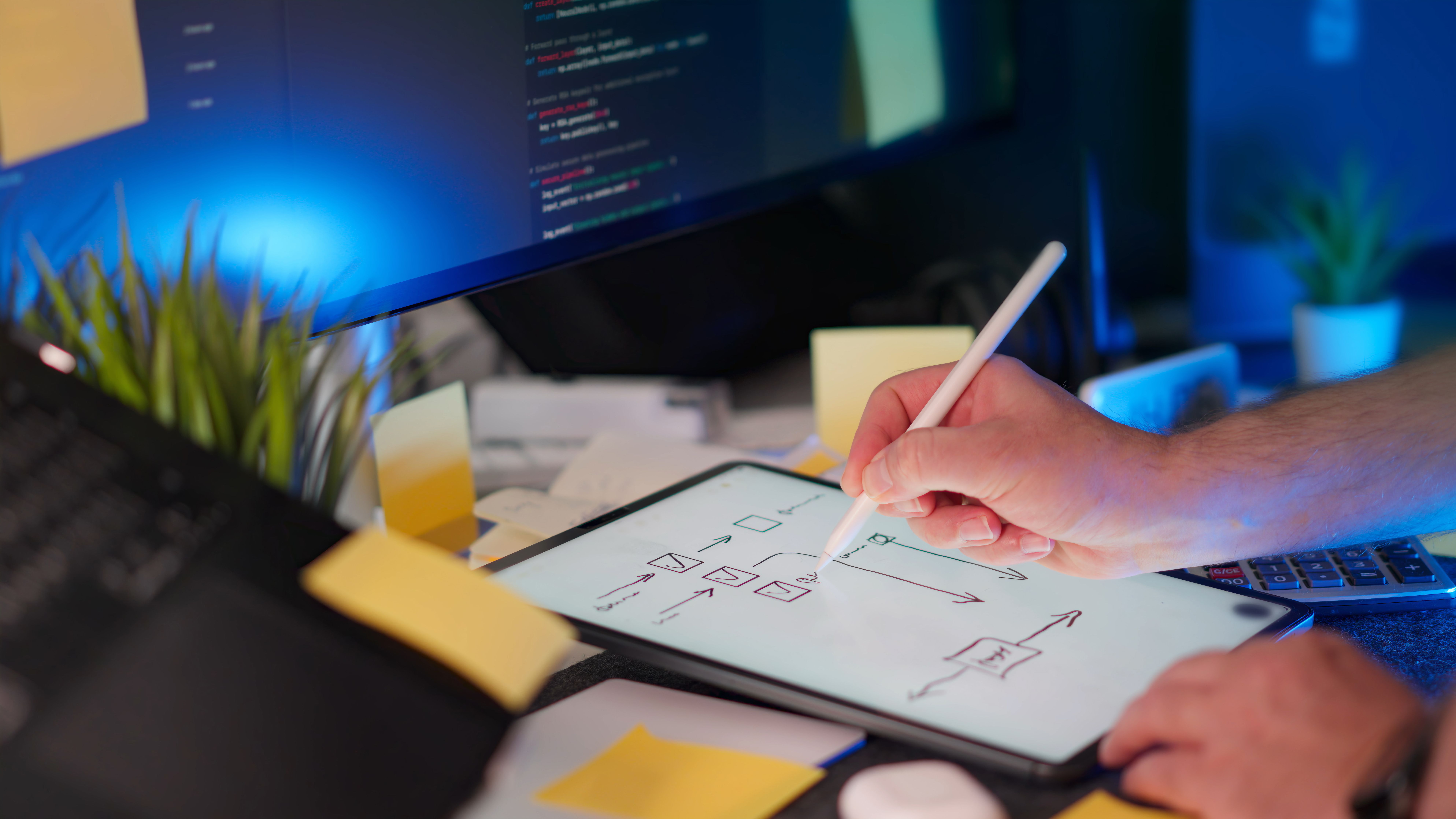 Een ontwikkelaar schetst een diagram op een tablet, met code op het beeldscherm erachter.