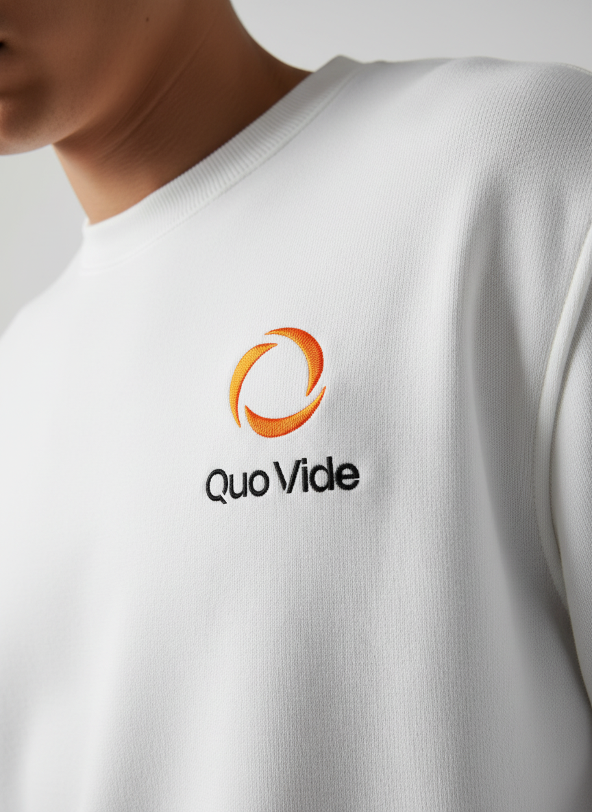 Het Quo Vide-logo geborduurd op een wit sweatshirt.
